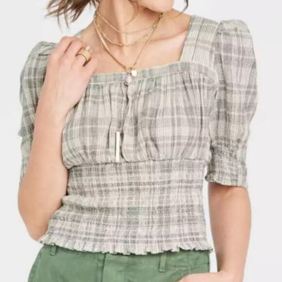 Universal Thread Milkmaid Top Medium Puff Sleeve Gray Woven Smocked Plaid New - Picture 2 of 11